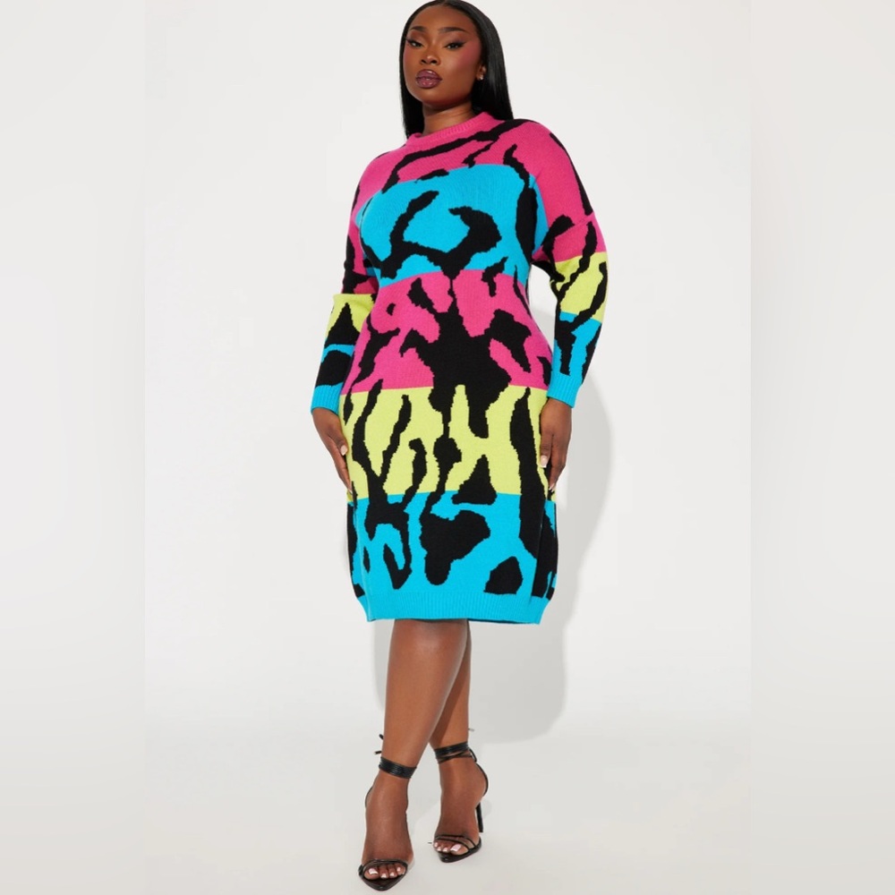 Fashion Nova Bright Multicolor Evelyn Long Sleeve Sweater Midi Dress